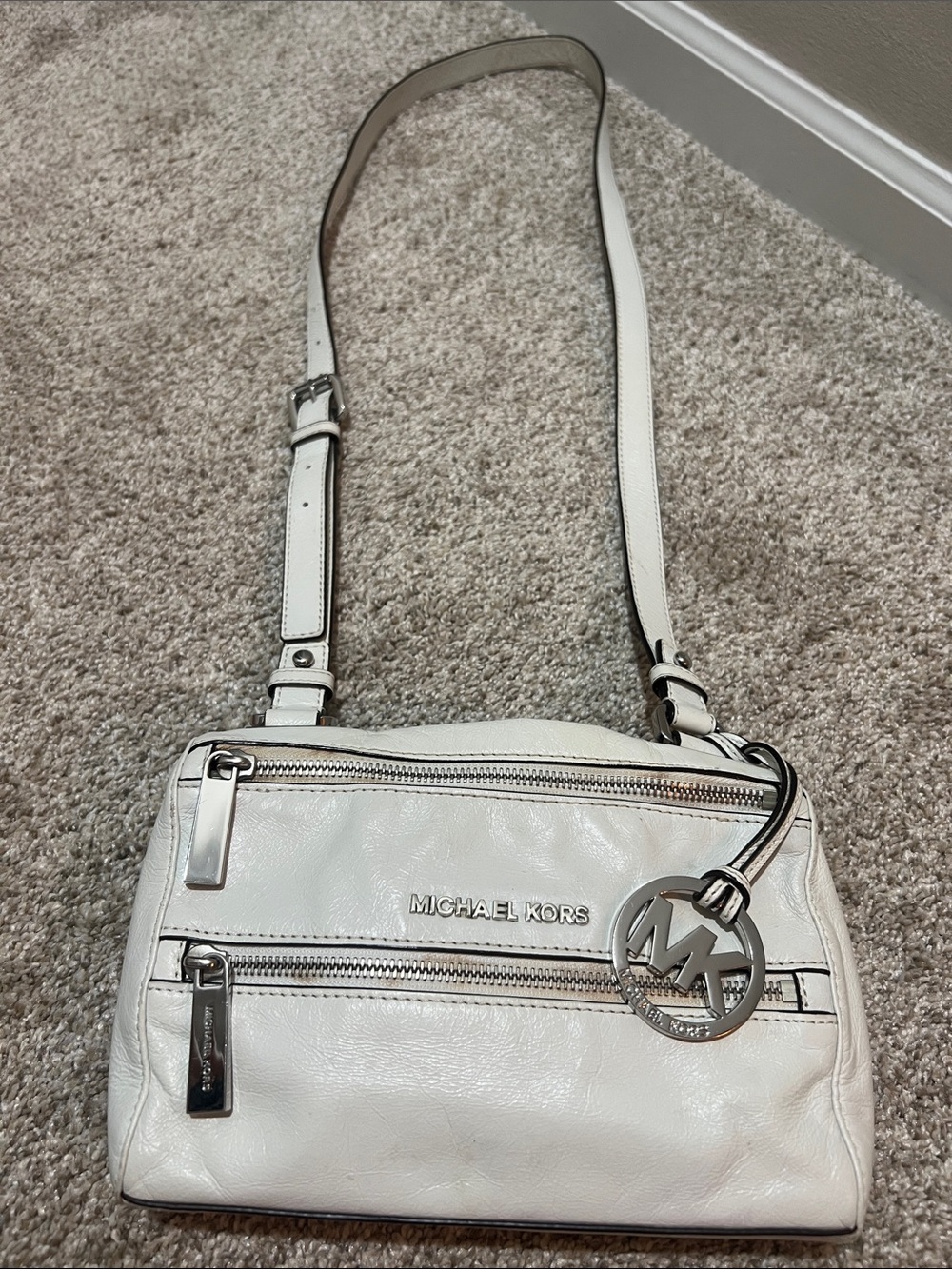 Michael Kors White Leather MK Charm Crossbody Bag